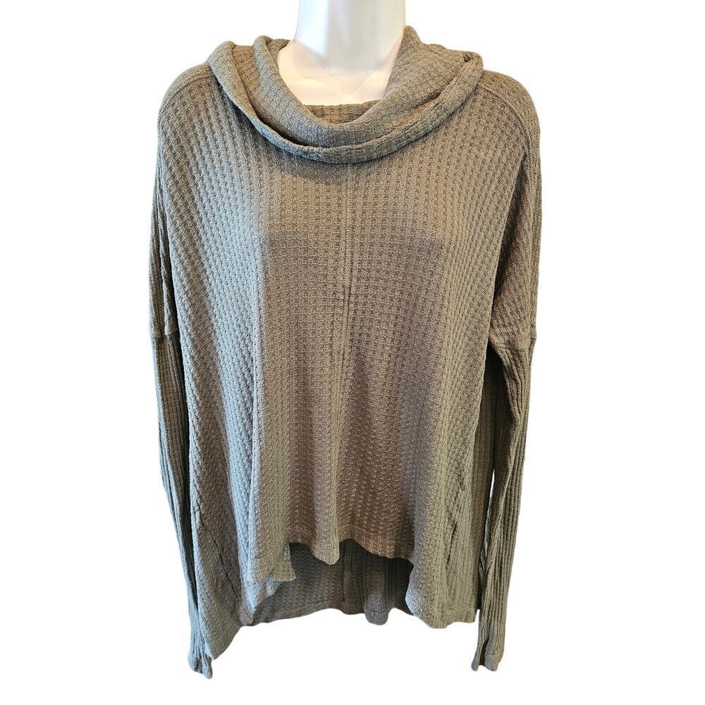 Lucky Brand thermal Cowl Neck Waffle Knit Sweater Olive Color High-Low XL boho